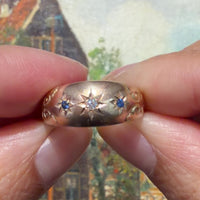 Antieke zigeunerstijl ring met saffier en diamant uit 1911
