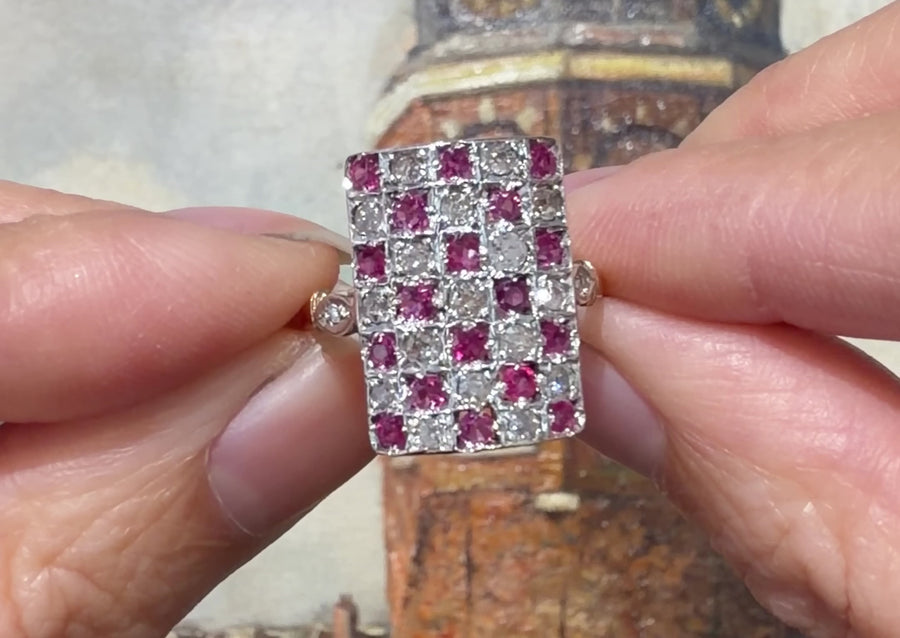 Art Deco ruby and diamond checker board ring