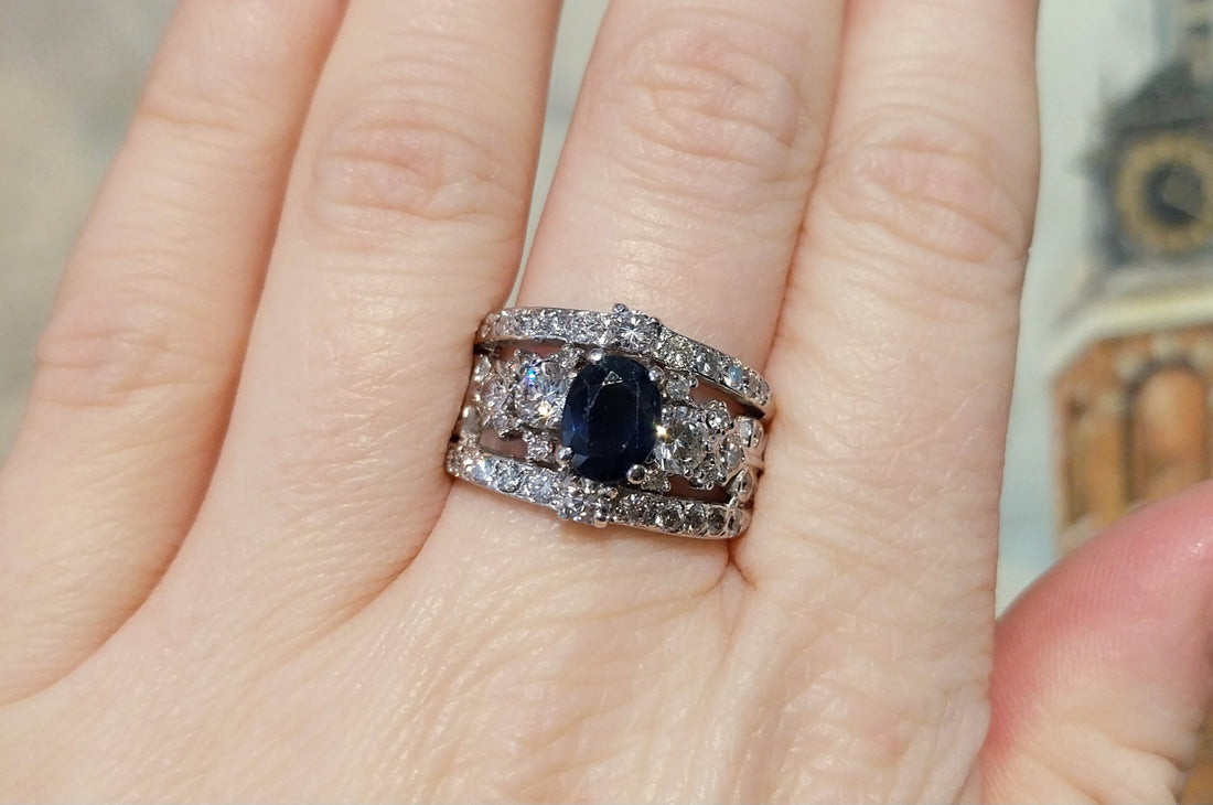 14 carat white gold sapphire and diamond ring-Vintage Rings-The Antique Ring Shop