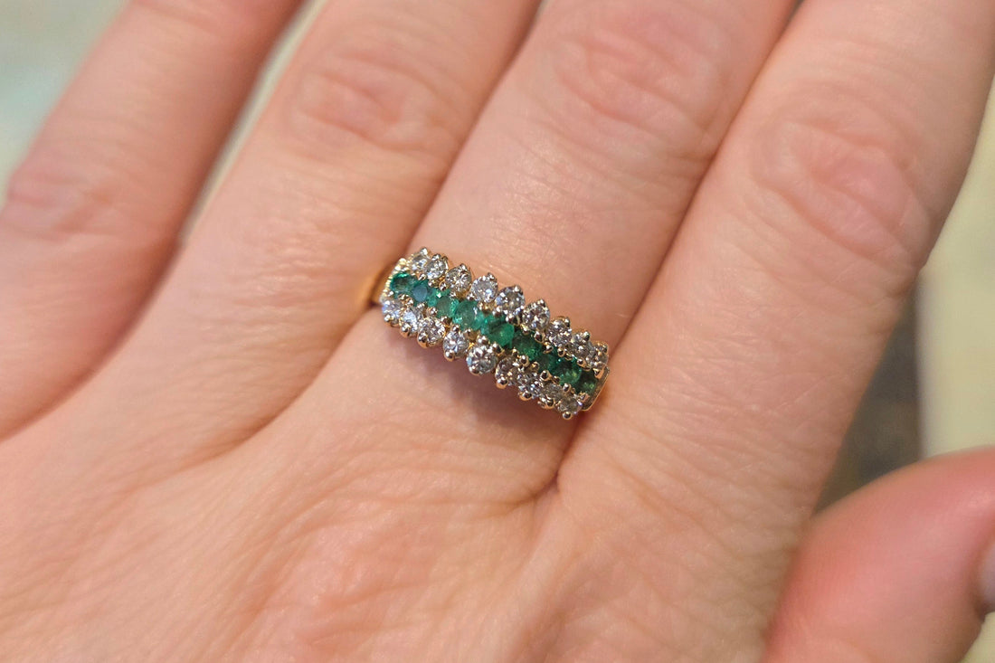 Emerld and diamond ring in 14 carat gold-Vintage Rings-The Antique Ring Shop