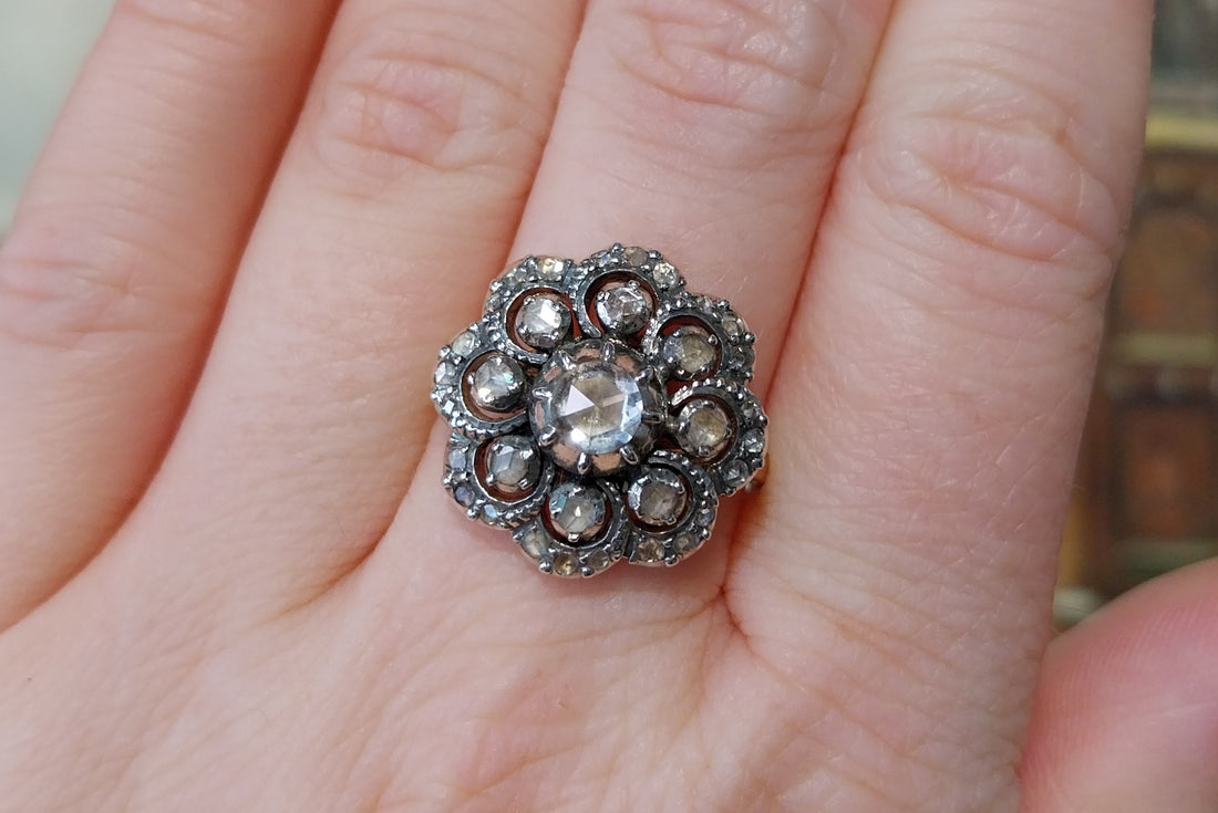 Vintage roosdiamanten ring van zilver en goud