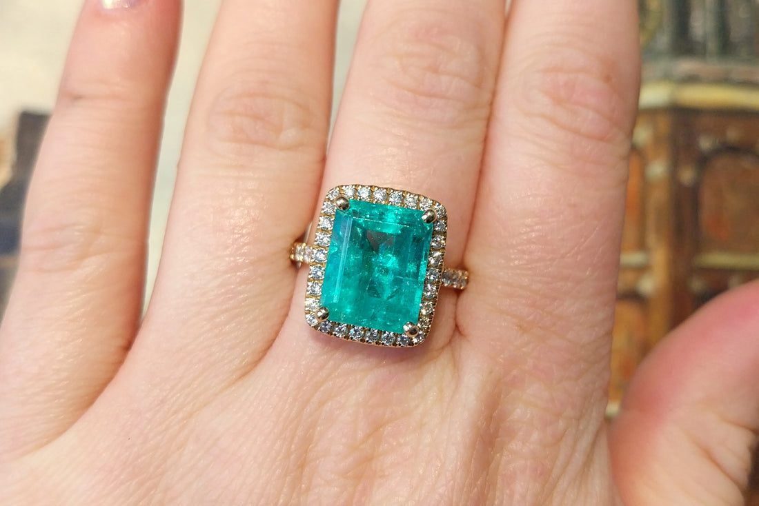 Emerald and diamond ring in 18 carat gold-engagement rings-The Antique Ring Shop