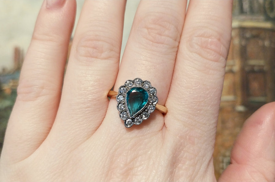 Colombian emerald ring with diamonds-engagement rings-The Antique Ring Shop