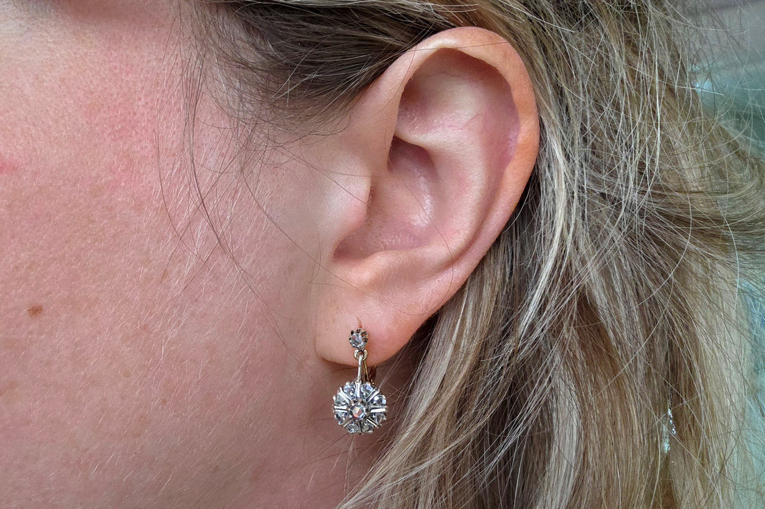 Rose diamond earrings in silver and gold-Earrings-The Antique Ring Shop