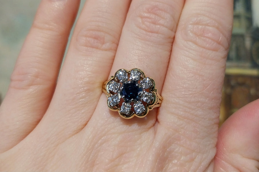 Vintage sapphire and diamond cluster ring-engagement rings-The Antique Ring Shop