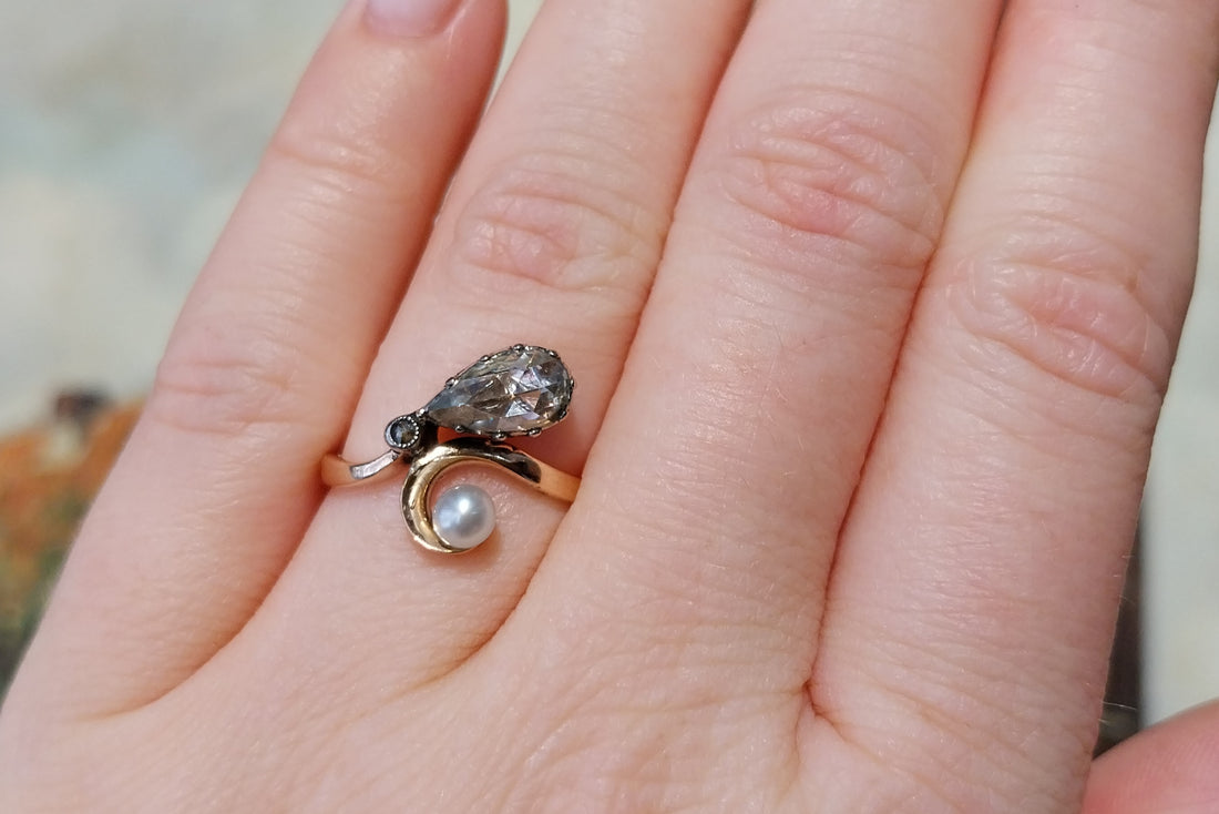 Rose diamond and pearl ring in 14 carat gold and silver-Antique rings-The Antique Ring Shop