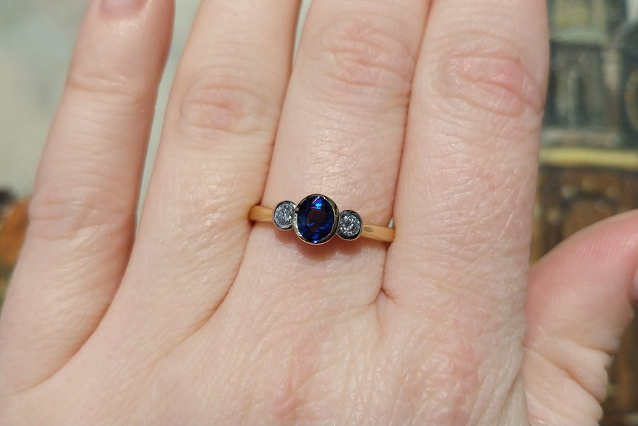 Sapphire and diamond three stone ring-engagement rings-The Antique Ring Shop