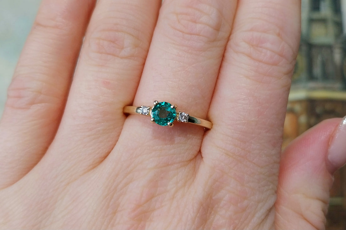 Emerald and diamond ring in 14 carat gold-engagement rings-The Antique Ring Shop