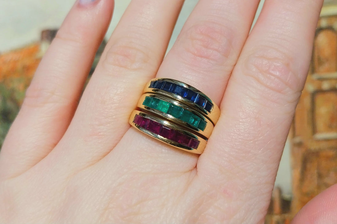 18 carat gold triple band with sapphire, emerald and ruby-Vintage Rings-The Antique Ring Shop