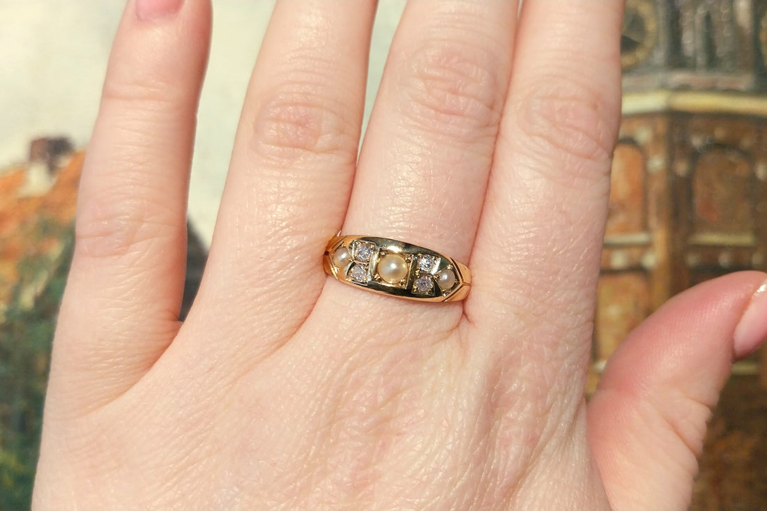 Victorian old cut diamond and pearl ring from 1889-Antique rings-The Antique Ring Shop