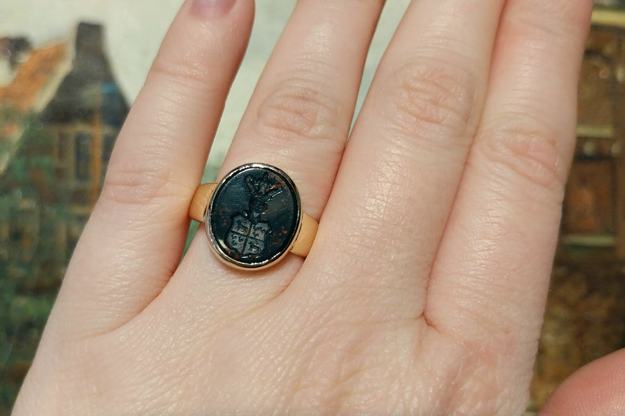 Vintage bloodstone signet ring with intaglio-gents rings-The Antique Ring Shop