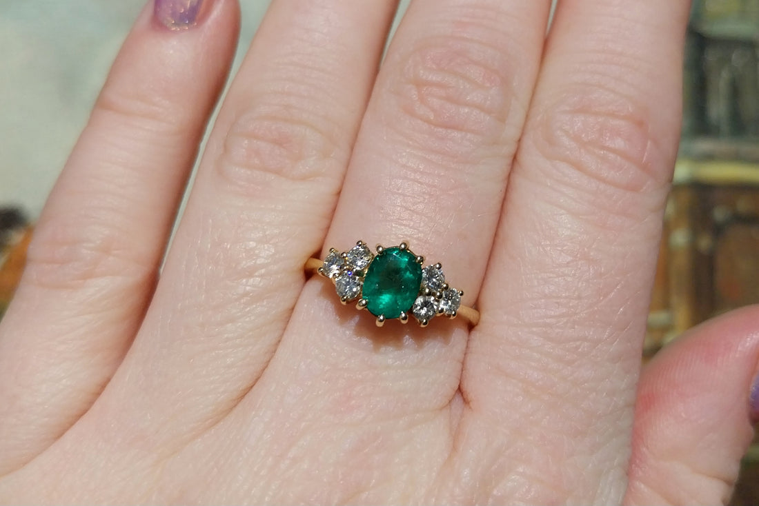 Emerald and diamond ring in 18 carat gold-engagement rings-The Antique Ring Shop