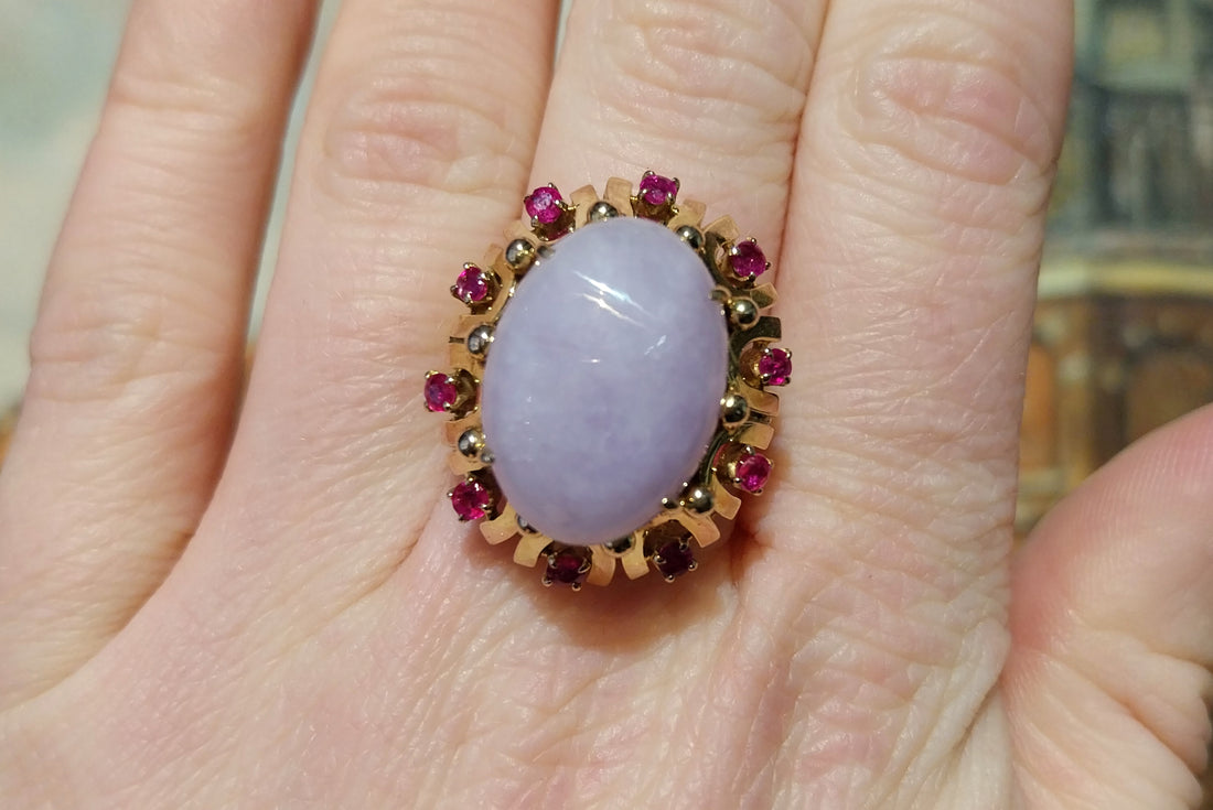 Cabochon lavender jade and ruby ring-Vintage Rings-The Antique Ring Shop