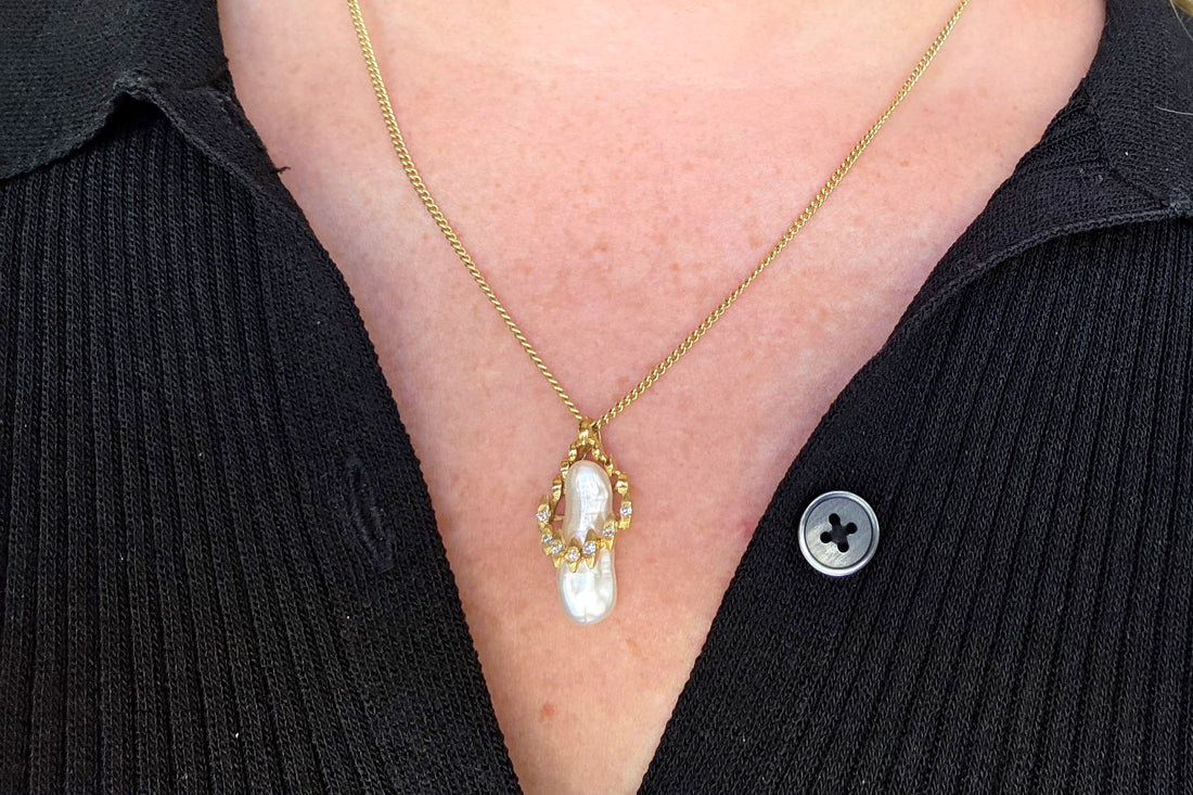 Baroque pearl and diamond pendant in 14 carat gold-Pendants-The Antique Ring Shop