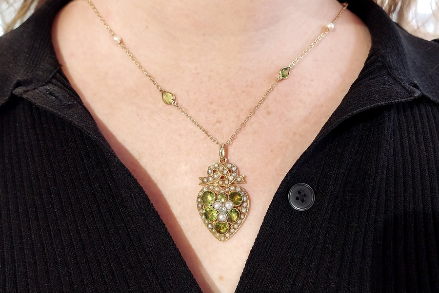 Victorian peridot and pearl pendant and chain-Pendants-The Antique Ring Shop