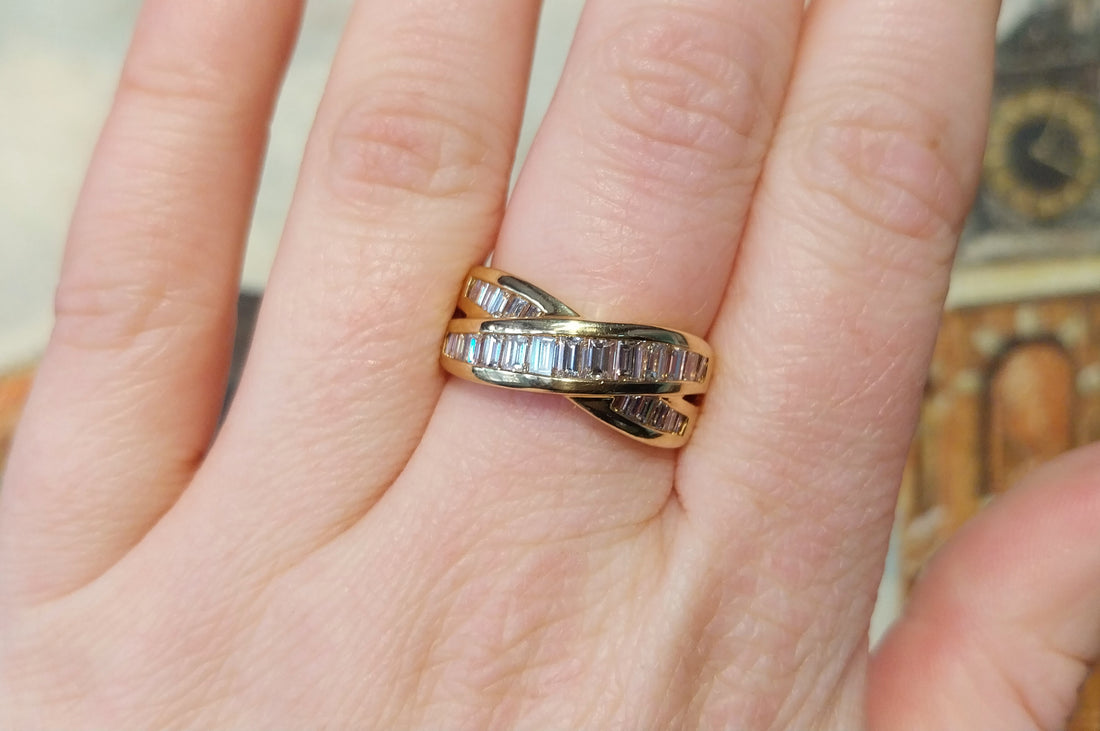 Baguette diamond crossover ring in 18 carat gold-Vintage Rings-The Antique Ring Shop