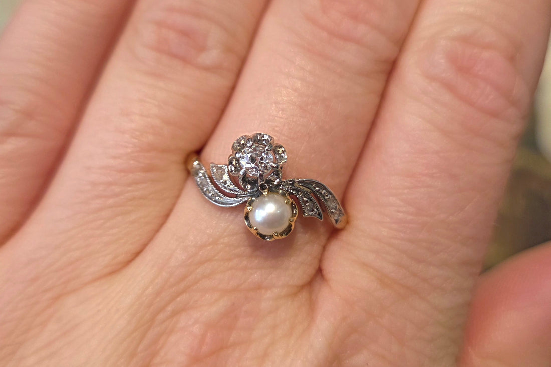 Pearl and diamond Toi et Moi ring in 18 carat gold-Antique rings-The Antique Ring Shop