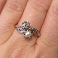 Pearl and diamond Toi et Moi ring in 18 carat gold-Antique rings-The Antique Ring Shop