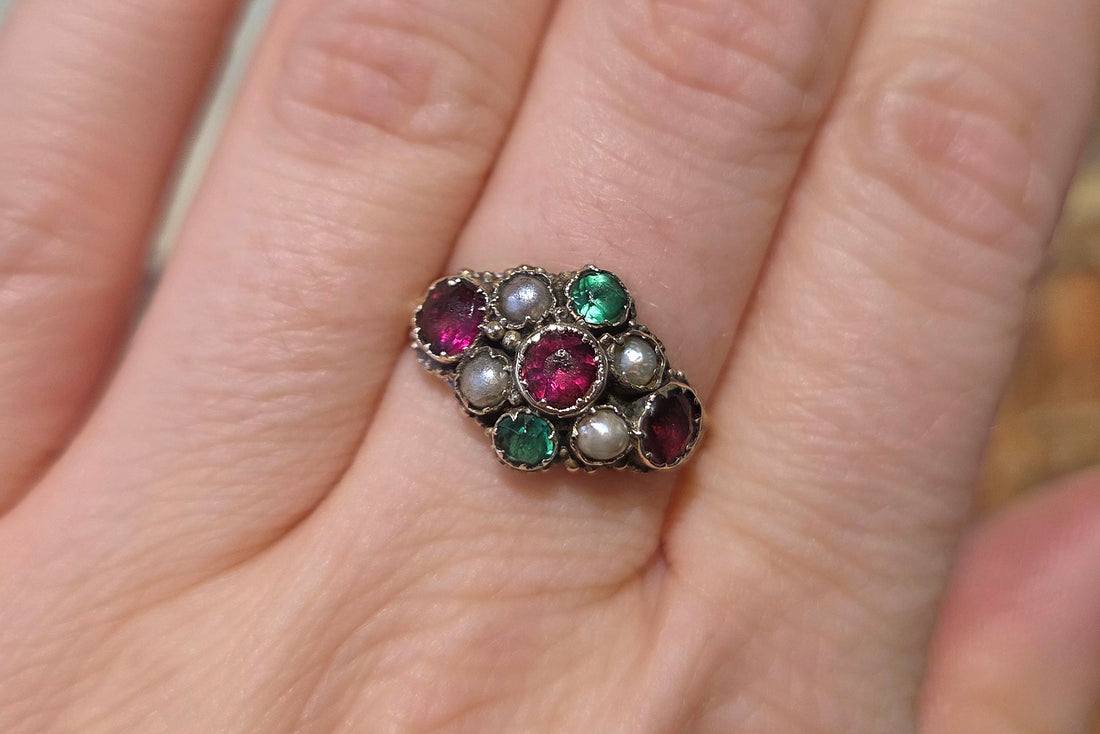 Victorian mourning paste and pearl ring
