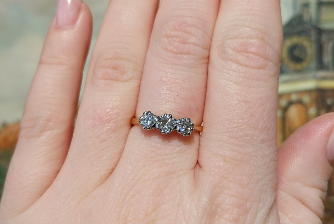 Vintage three stone diamond ring-engagement rings-The Antique Ring Shop