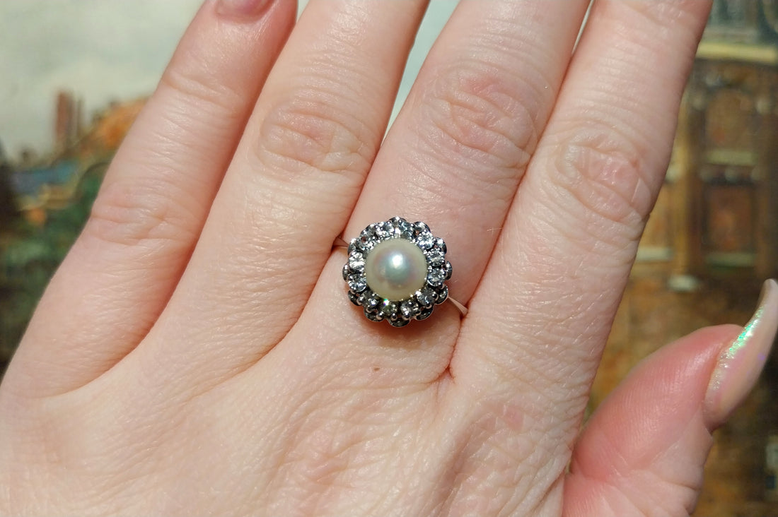 Vintage white gold pearl and diamond ring-Vintage Rings-The Antique Ring Shop