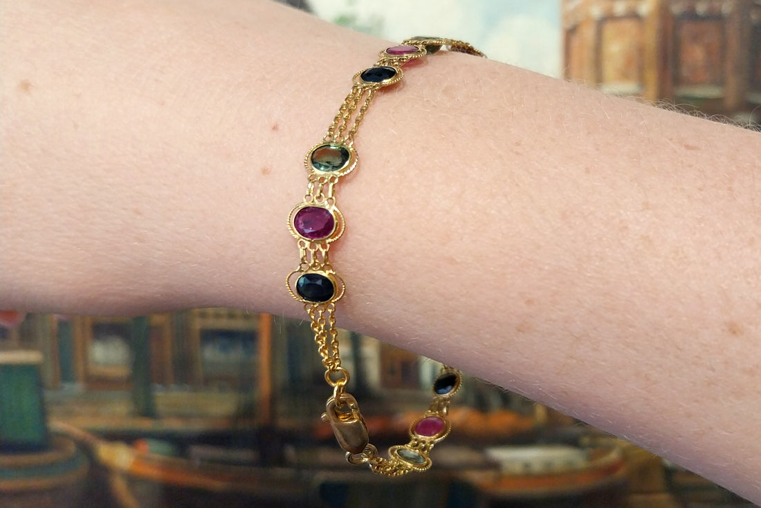 Saffier, robijn en toermalijn armband