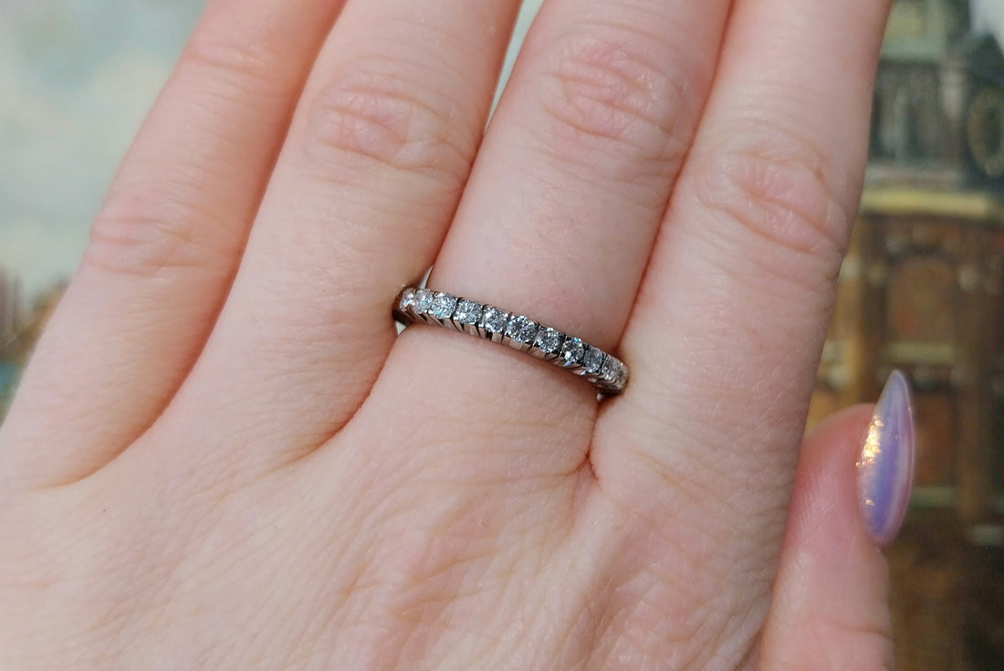 White gold eternity band with diamonds