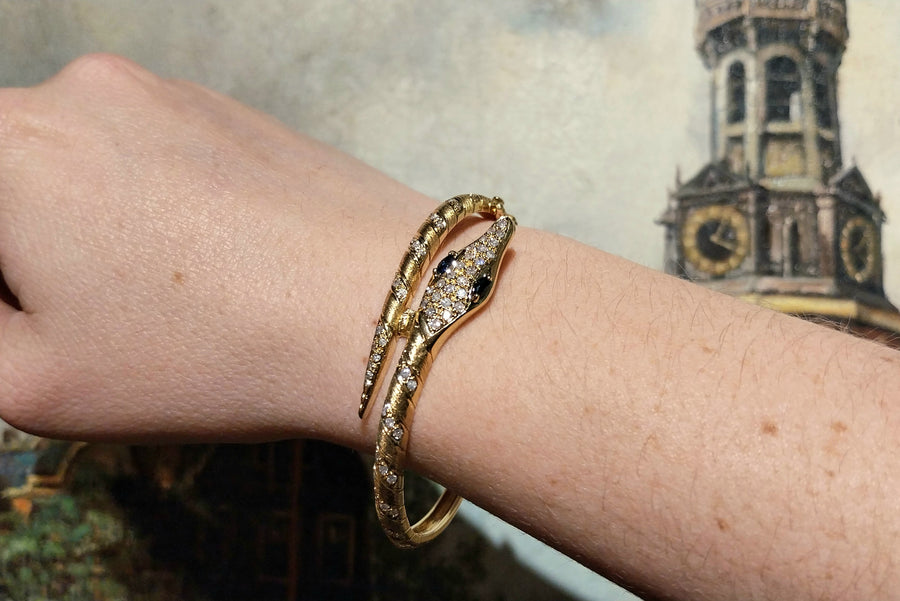 18 carat snake bracelet with diamonds and sapphires-Bracelets-The Antique Ring Shop