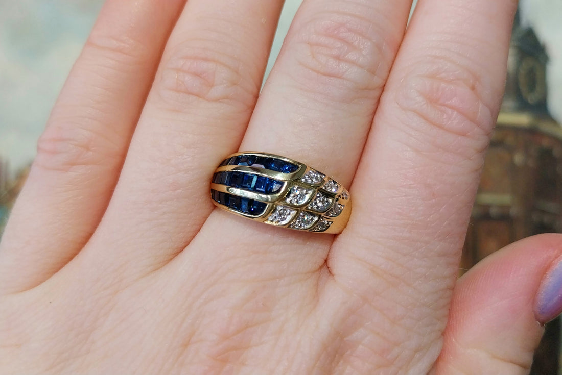 Carre sapphire and diamond ring in 18 carat gold