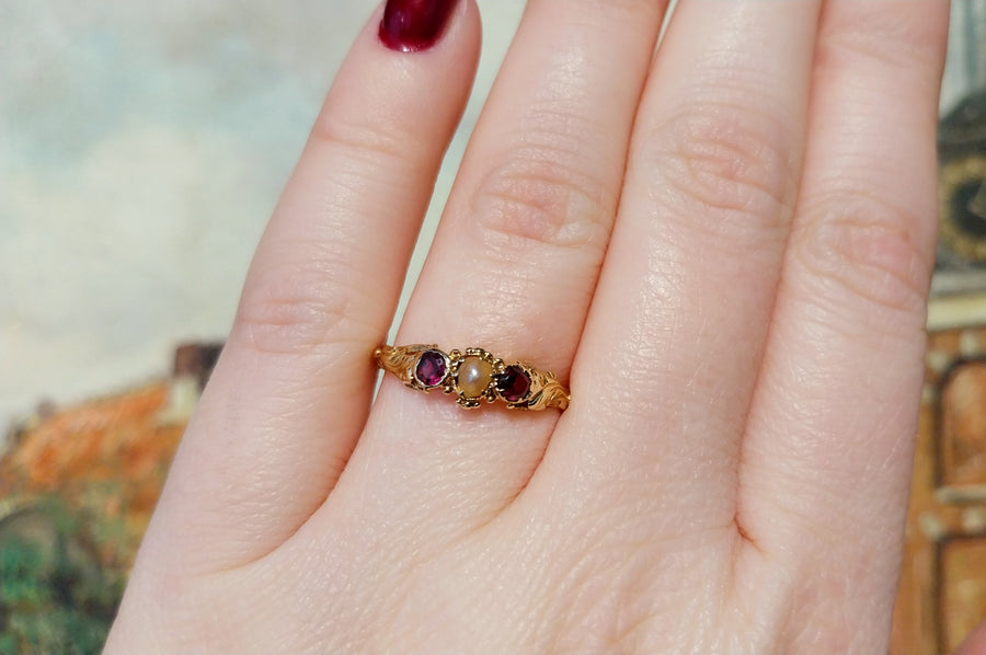 Victorian 18 carat garnet and pearl ring-Antique rings-The Antique Ring Shop