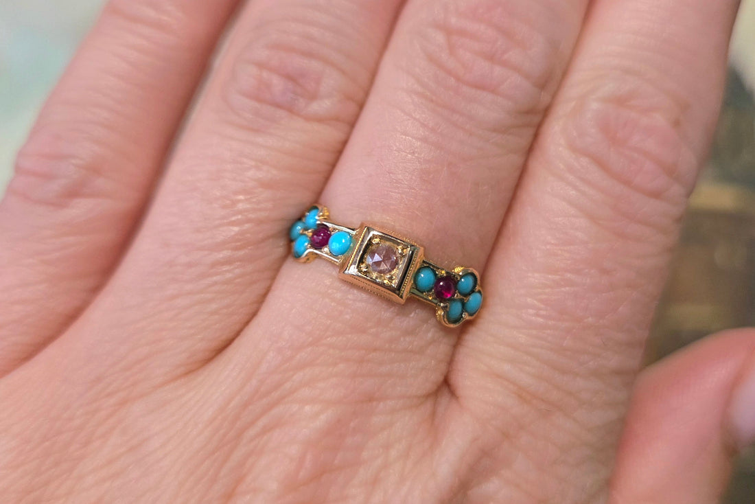 Victorian rose diamond, ruby and turquise ring from 1874-Antique rings-The Antique Ring Shop