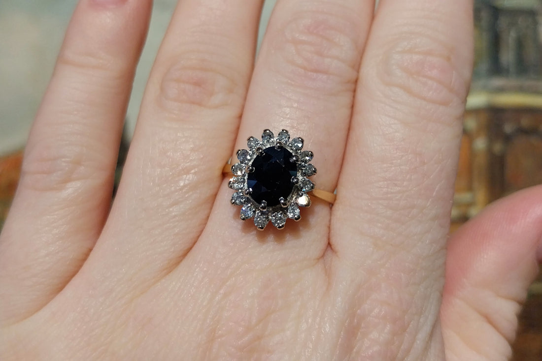 Vintage sapphire and diamond cluster ring-engagement rings-The Antique Ring Shop