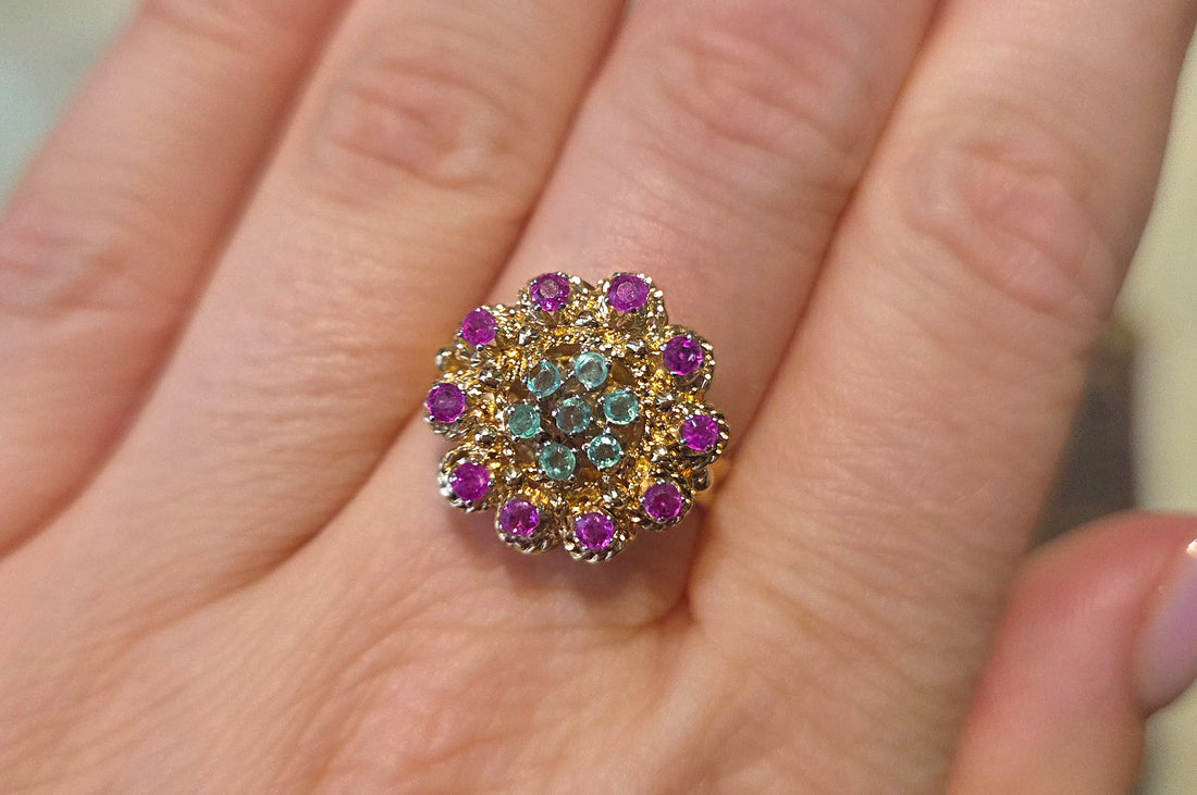 Emerald and ruby cluster ring-Vintage Rings-The Antique Ring Shop
