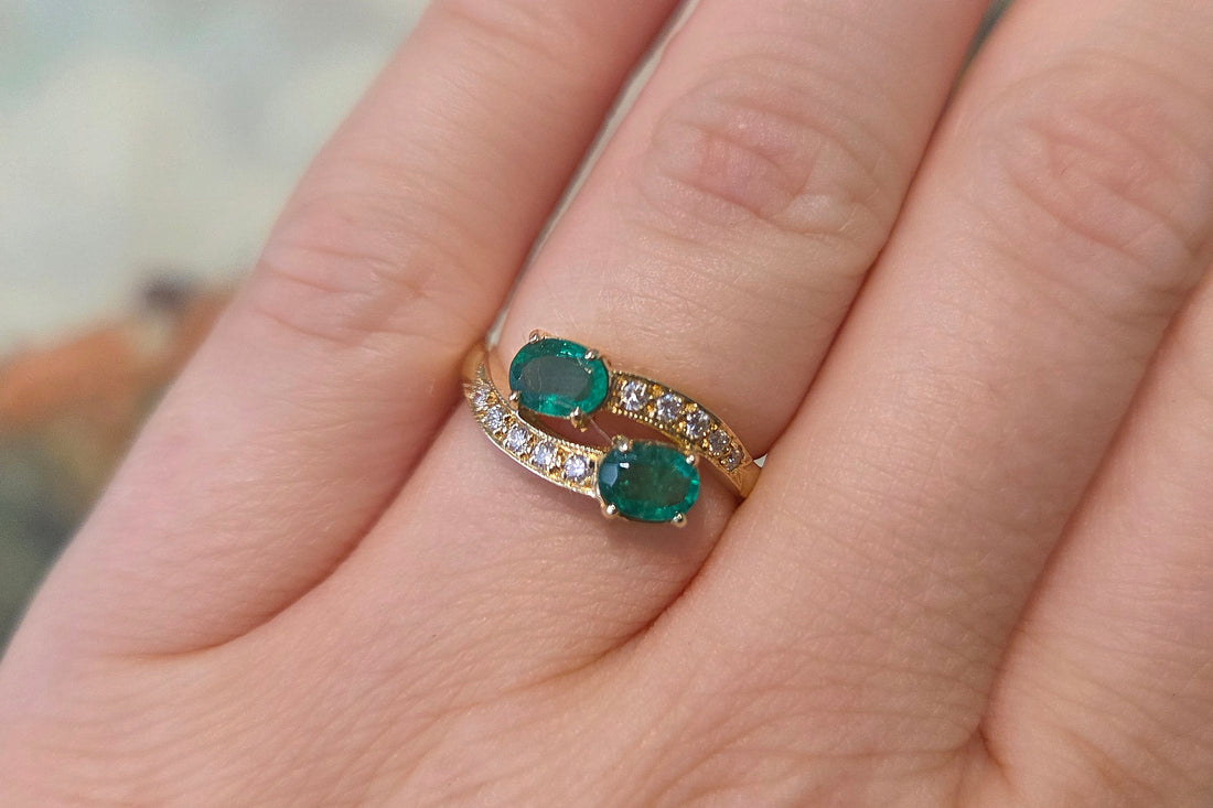 Vintage emerald and diamond crossover ring-Vintage Rings-The Antique Ring Shop