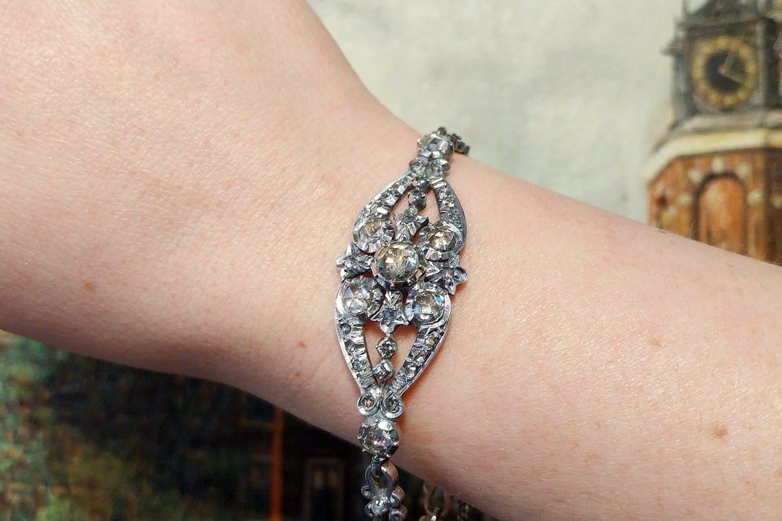 Rose diamond bracelet in silver and 14 carat gold-Bracelets-The Antique Ring Shop