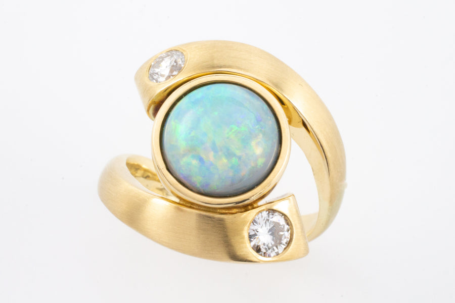Opal and diamond ring in 14 carat matt gold-Vintage & retro rings-The Antique Ring Shop