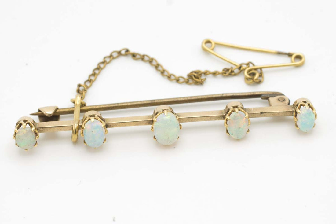 Antique gold bar brooch with five opal stones-Brooches-The Antique Ring Shop, Amsterdam