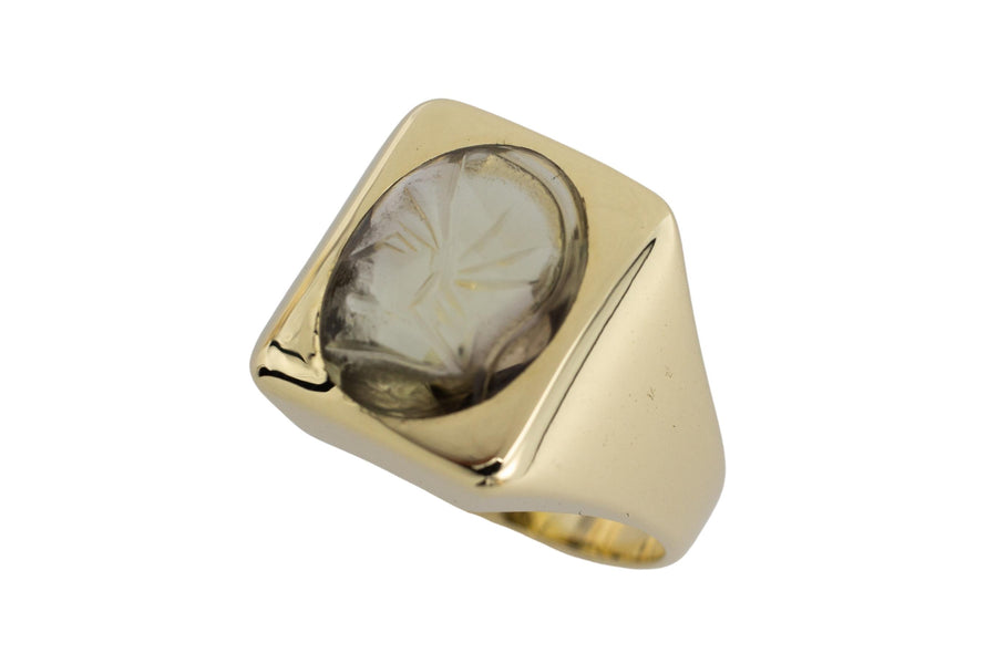14 carat gold signet ring with a rock crystal intaglio-Vintage & retro rings-The Antique Ring Shop