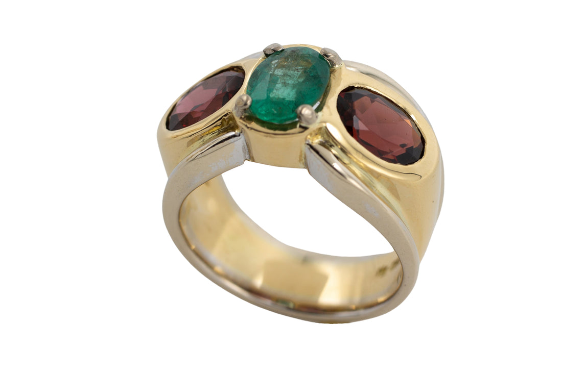 Emerald and garnet ring in 18 carat gold-Vintage & retro rings-The Antique Ring Shop