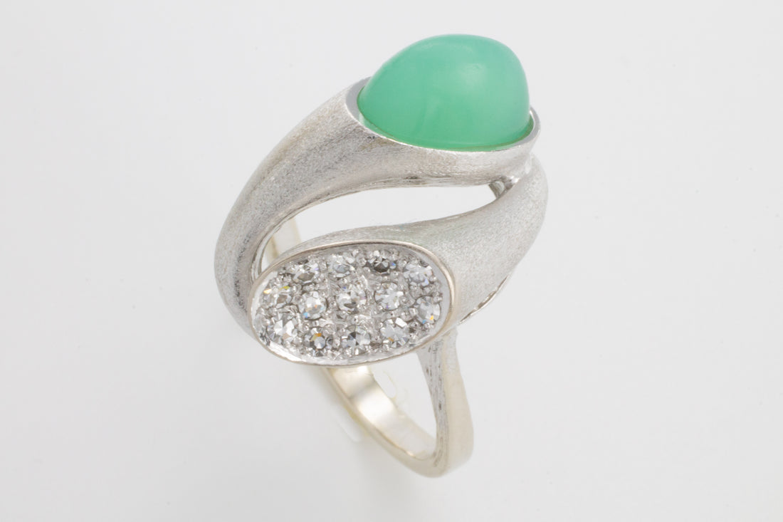White gold ring with chrysoprase and diamonds-The Antique Ring Shop