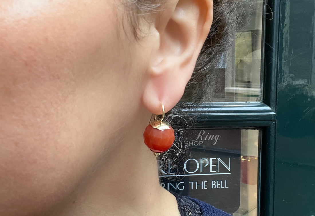 Carnelian pendant earrings in 14 carat gold-Earrings-The Antique Ring Shop
