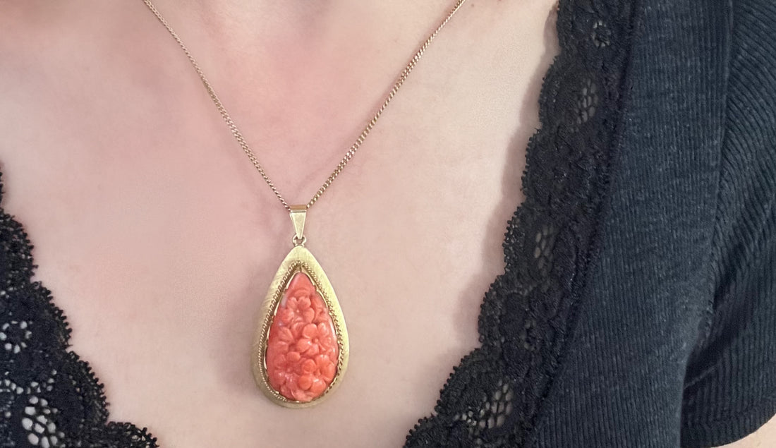 Carved coral pendant in 14 carat gold-Pendants-The Antique Ring Shop