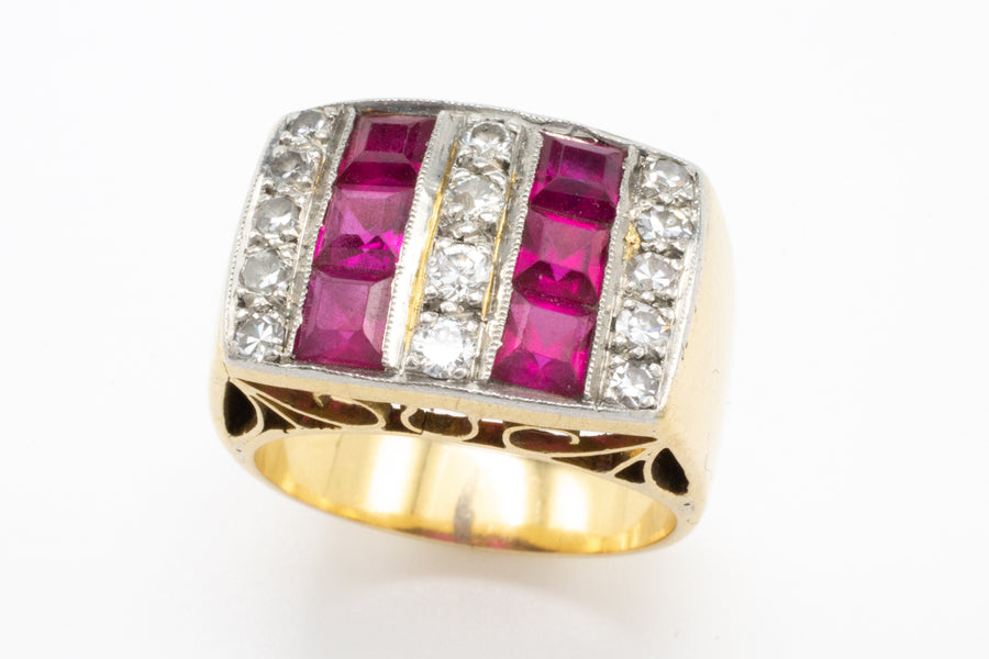 Vintage Art Deco style ring with synthetic rubies and diamonds-Vintage & retro rings-The Antique Ring Shop